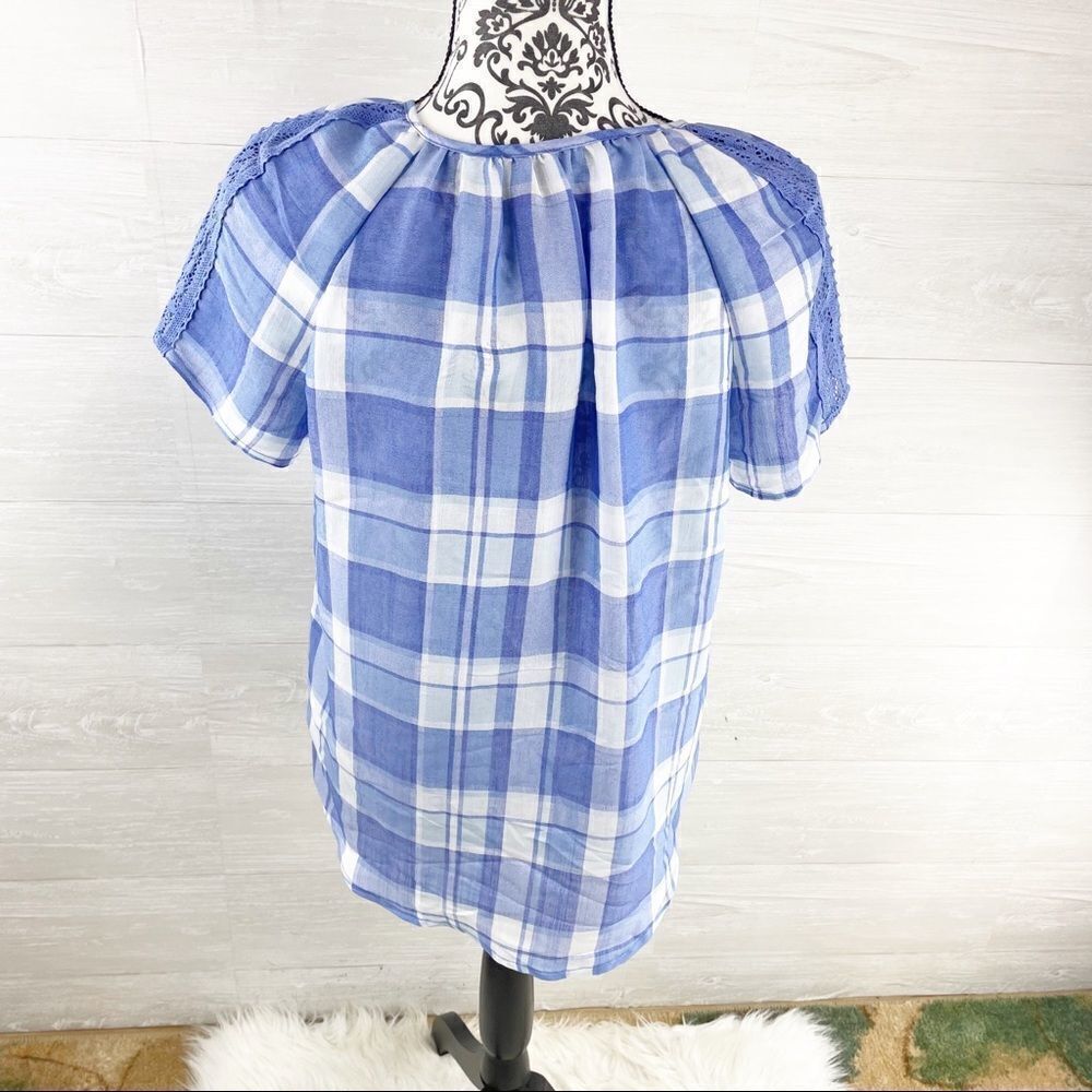 Como Vintage Blue Plaid Tie Collar Peasant Top - Picture 4 of 8